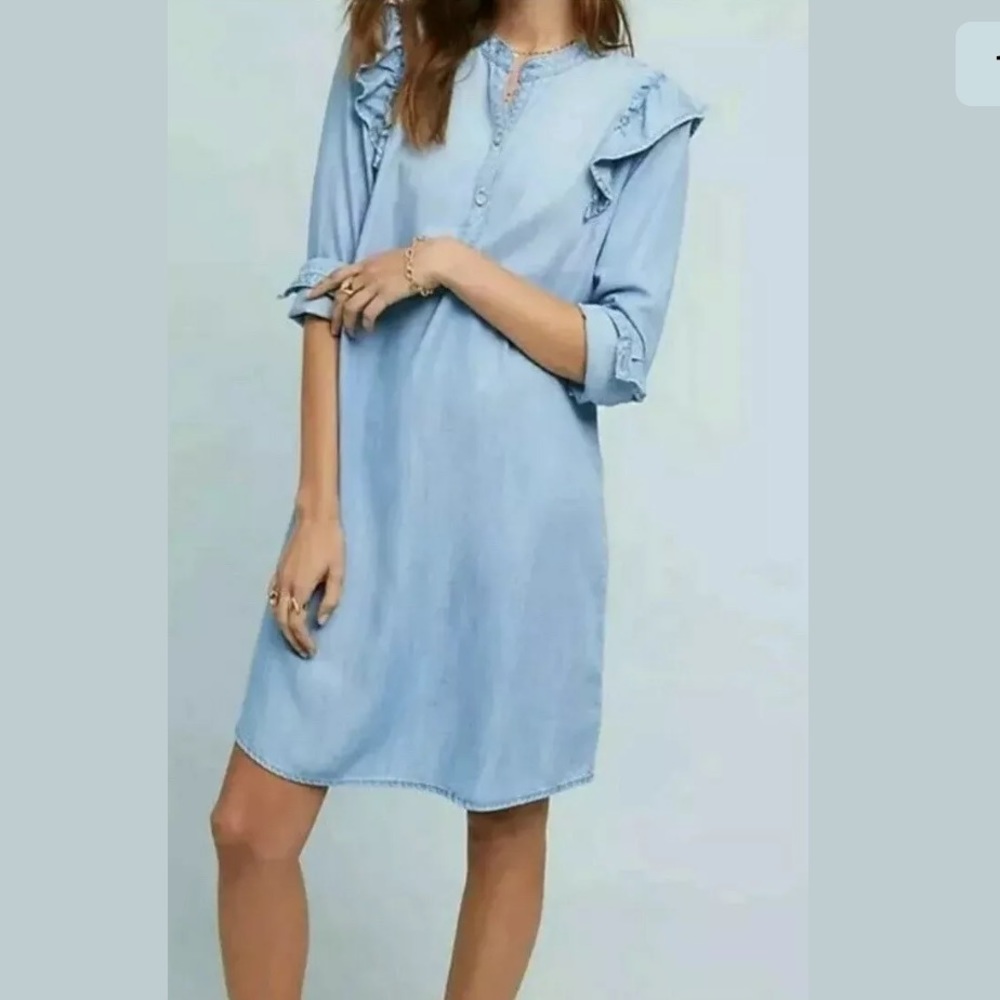 New Cloth & Stone ruffle chambray tencel dress XS